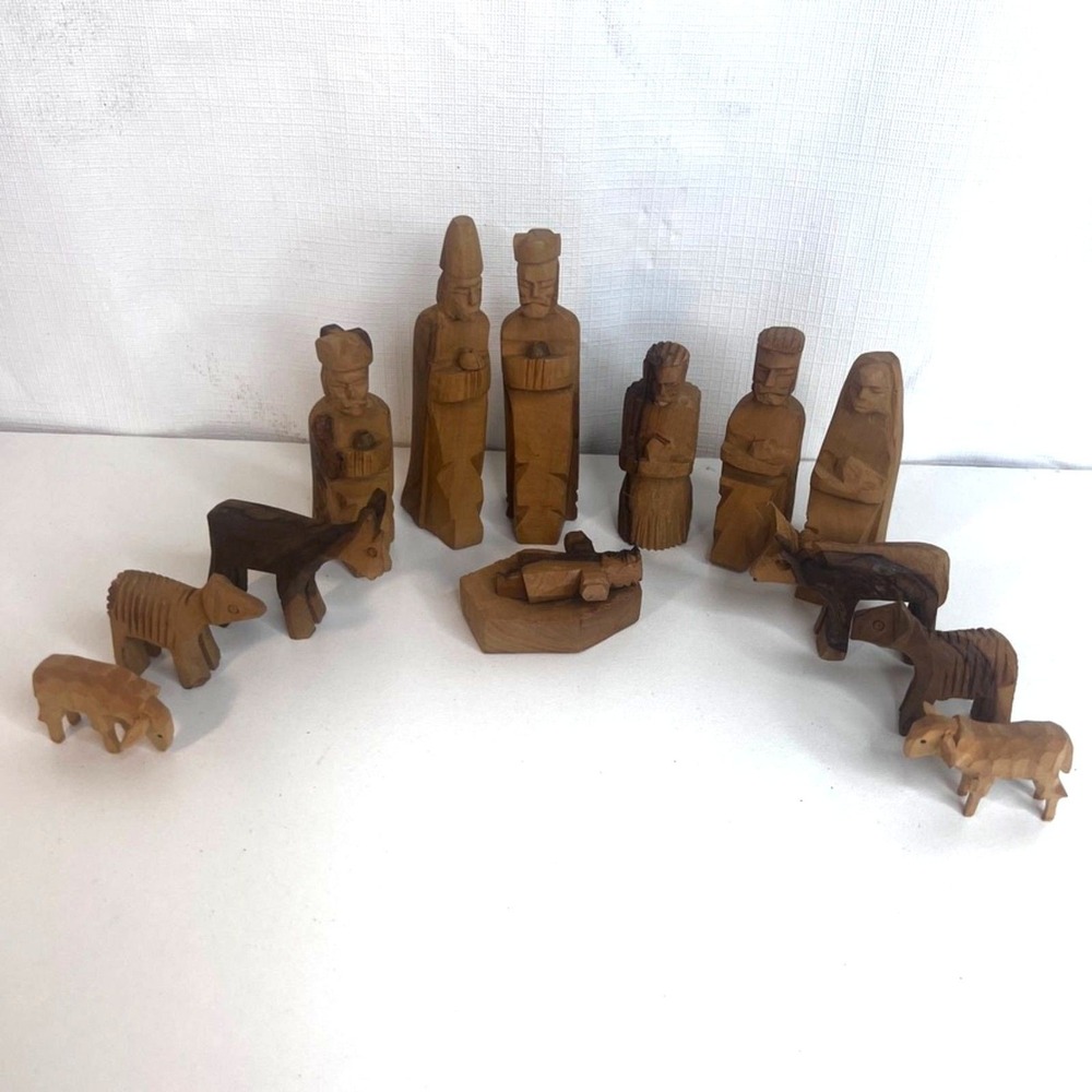 Nativity Wooden Hand Carved Olive Made in Israel VTG 14 PC Set Christmas Holiday
